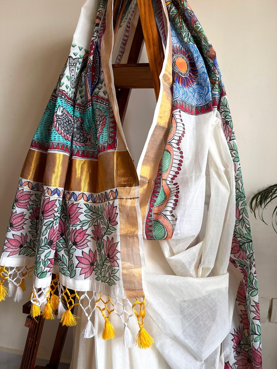 Madhubani Handpainted Fusion Kasavu Cotton Saree - Off White
