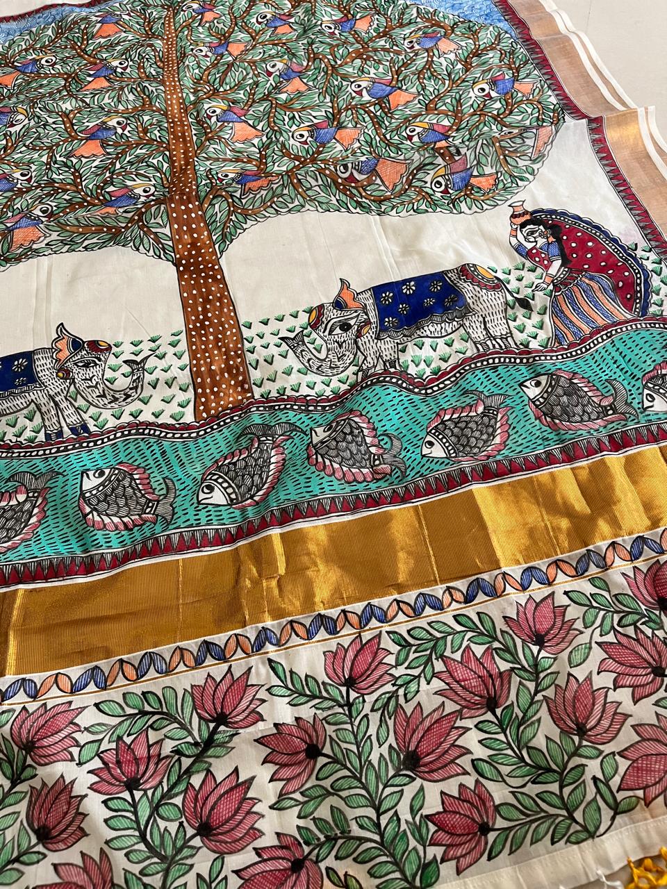Madhubani Handpainted Fusion Kasavu Cotton Saree - Off White