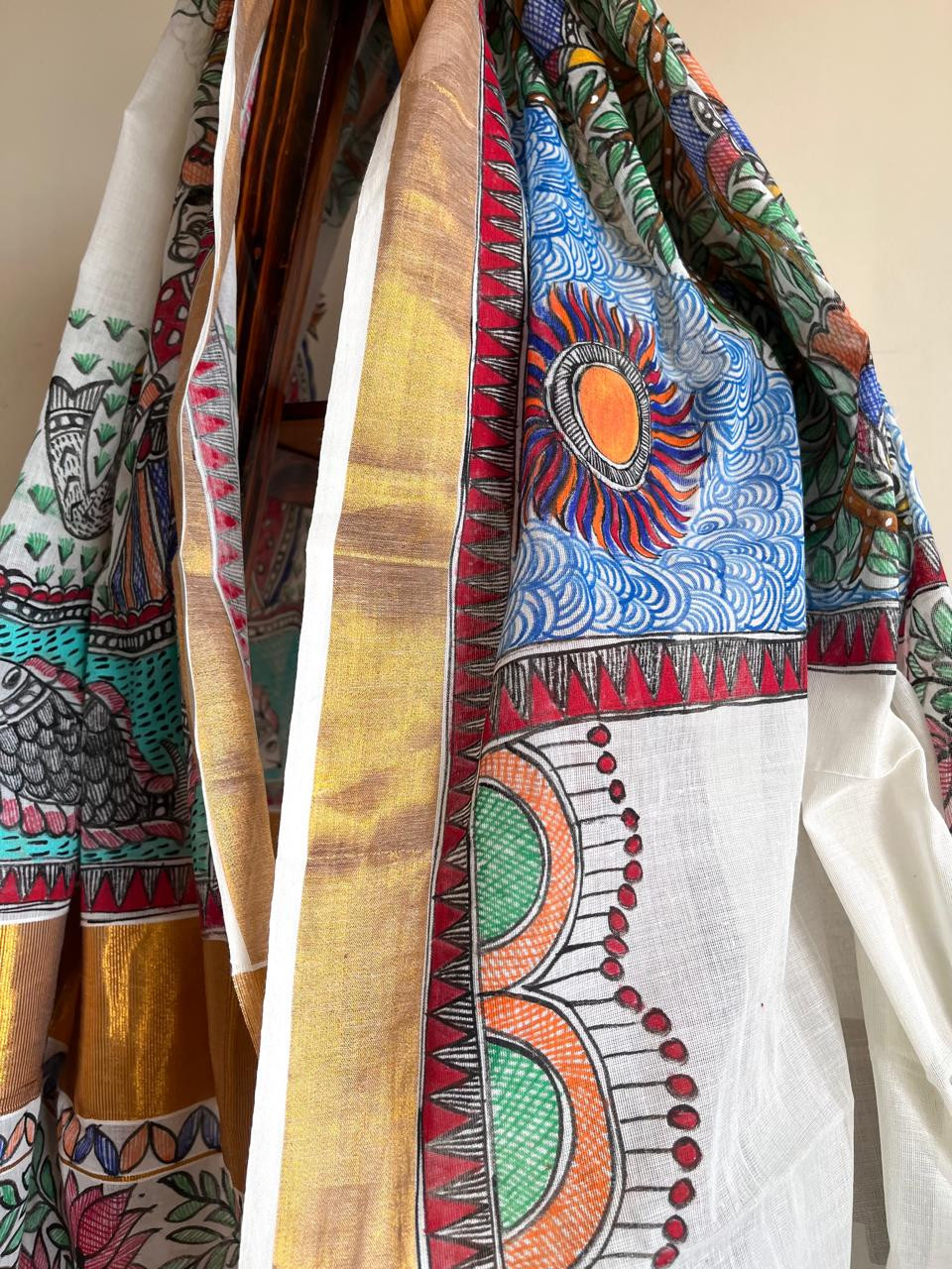 Madhubani Handpainted Fusion Kasavu Cotton Saree - Off White