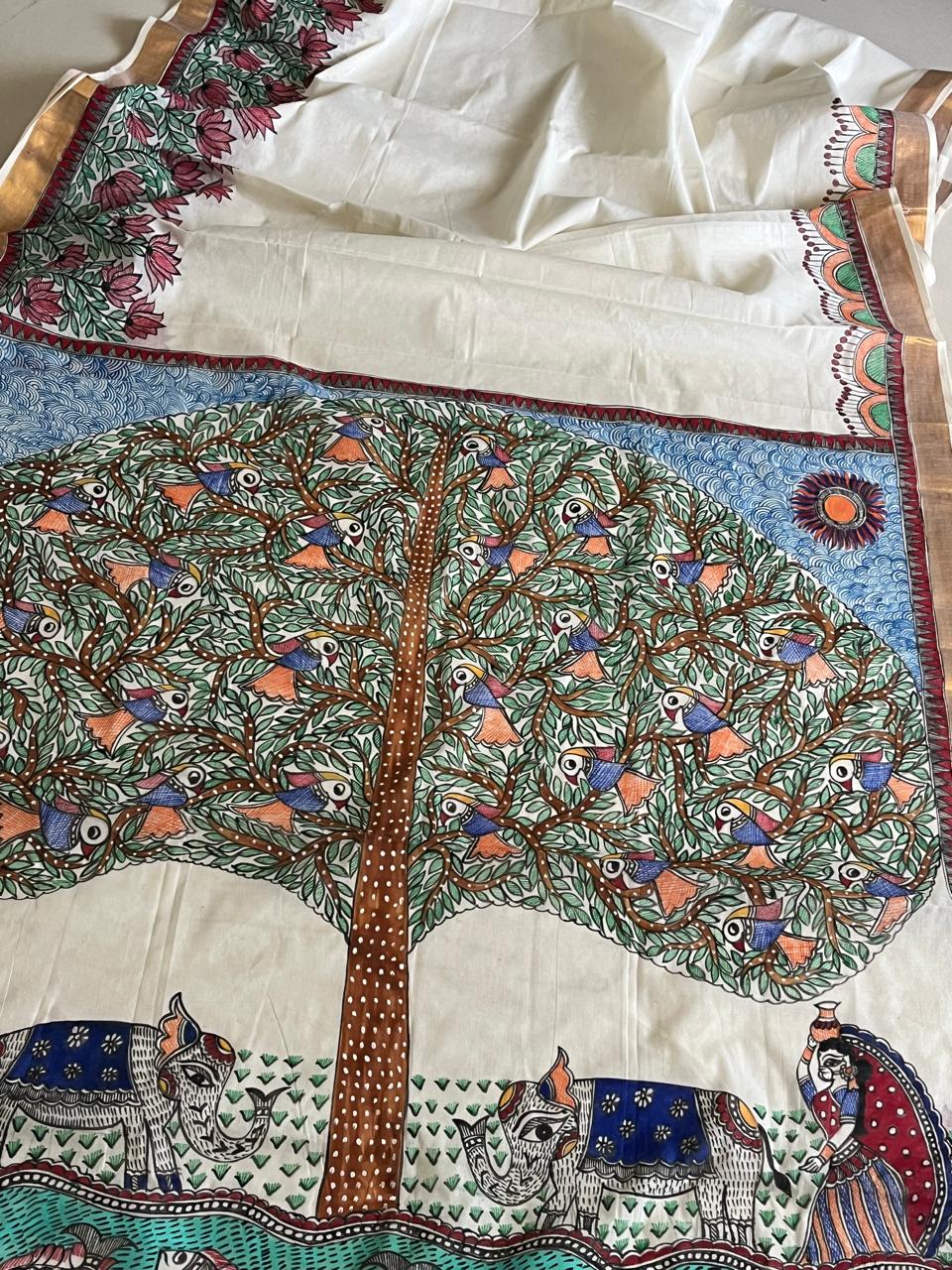 Madhubani Handpainted Fusion Kasavu Cotton Saree - Off White