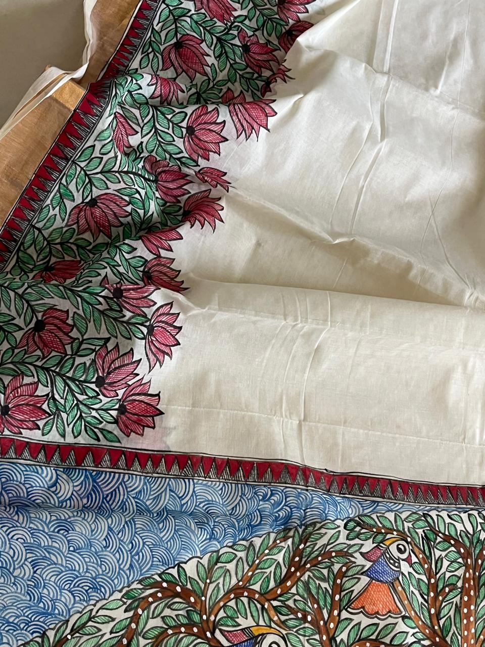 Madhubani Handpainted Fusion Kasavu Cotton Saree - Off White