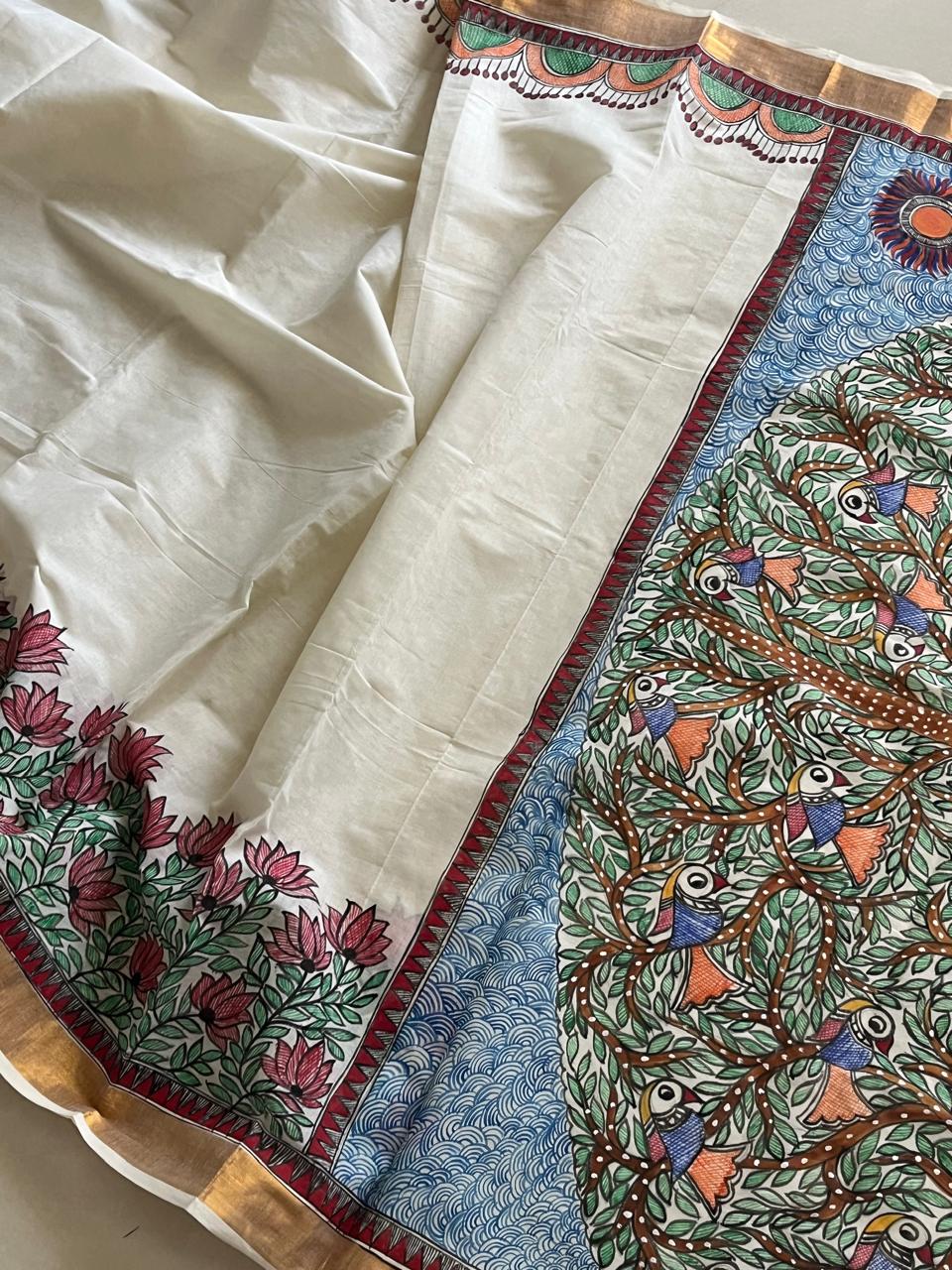 Madhubani Handpainted Fusion Kasavu Cotton Saree - Off White