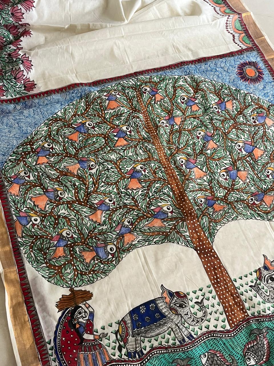 Madhubani Handpainted Fusion Kasavu Cotton Saree - Off White