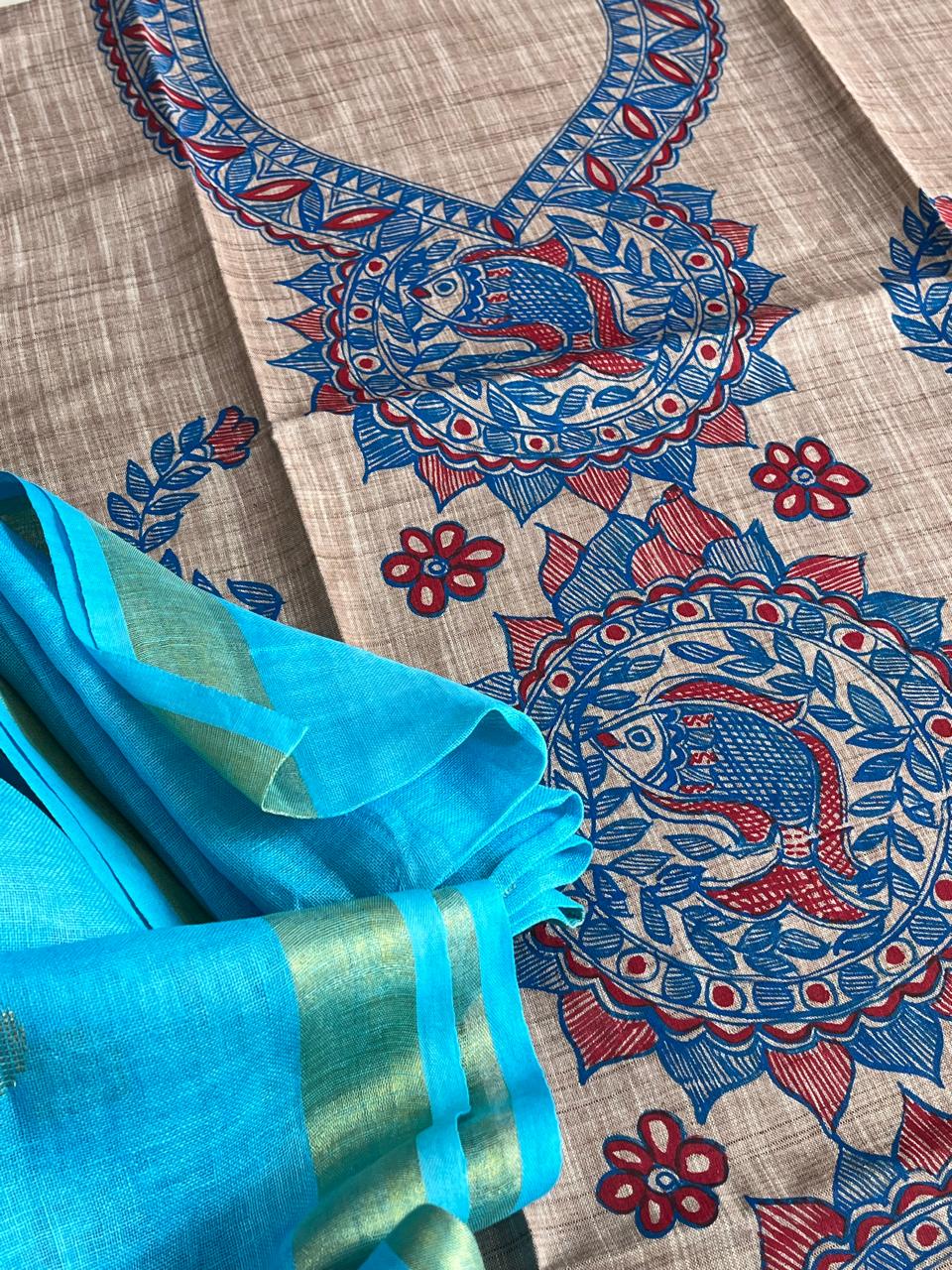 Beautiful and elegant Pure cotton Handpainted Madhubani Kurta Sets - Beige with Blue