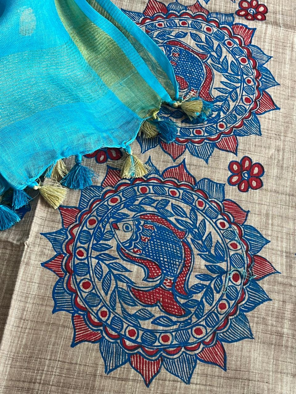 Beautiful and elegant Pure cotton Handpainted Madhubani Kurta Sets - Beige with Blue