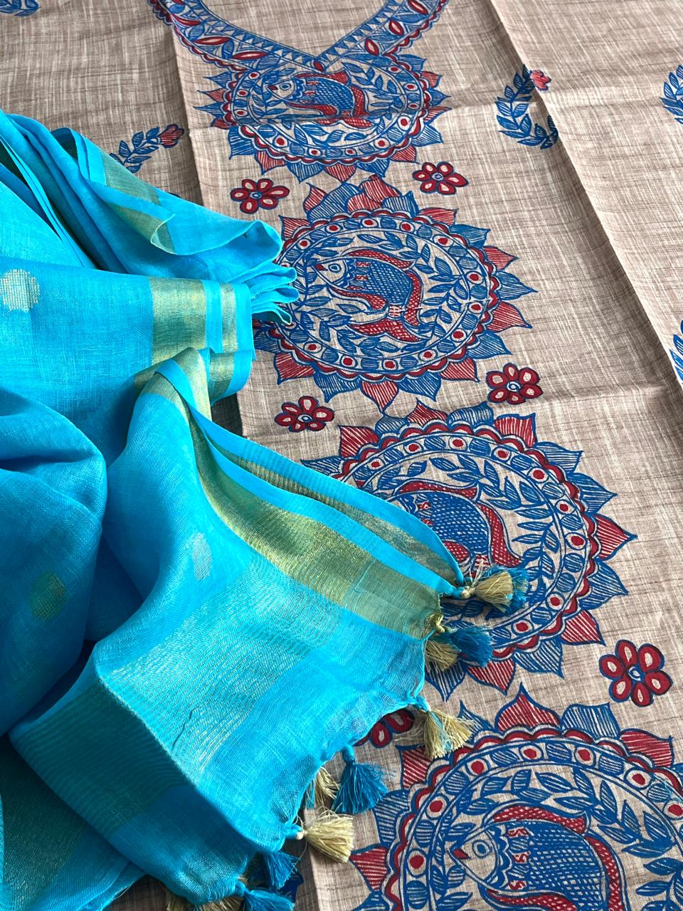 Beautiful and elegant Pure cotton Handpainted Madhubani Kurta Sets - Beige with Blue