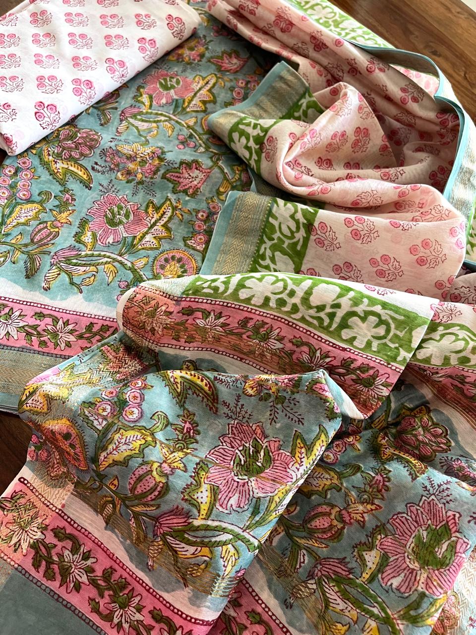 Maheshwari Handblock Printed 3 piece Suit - Sea Green with Pink