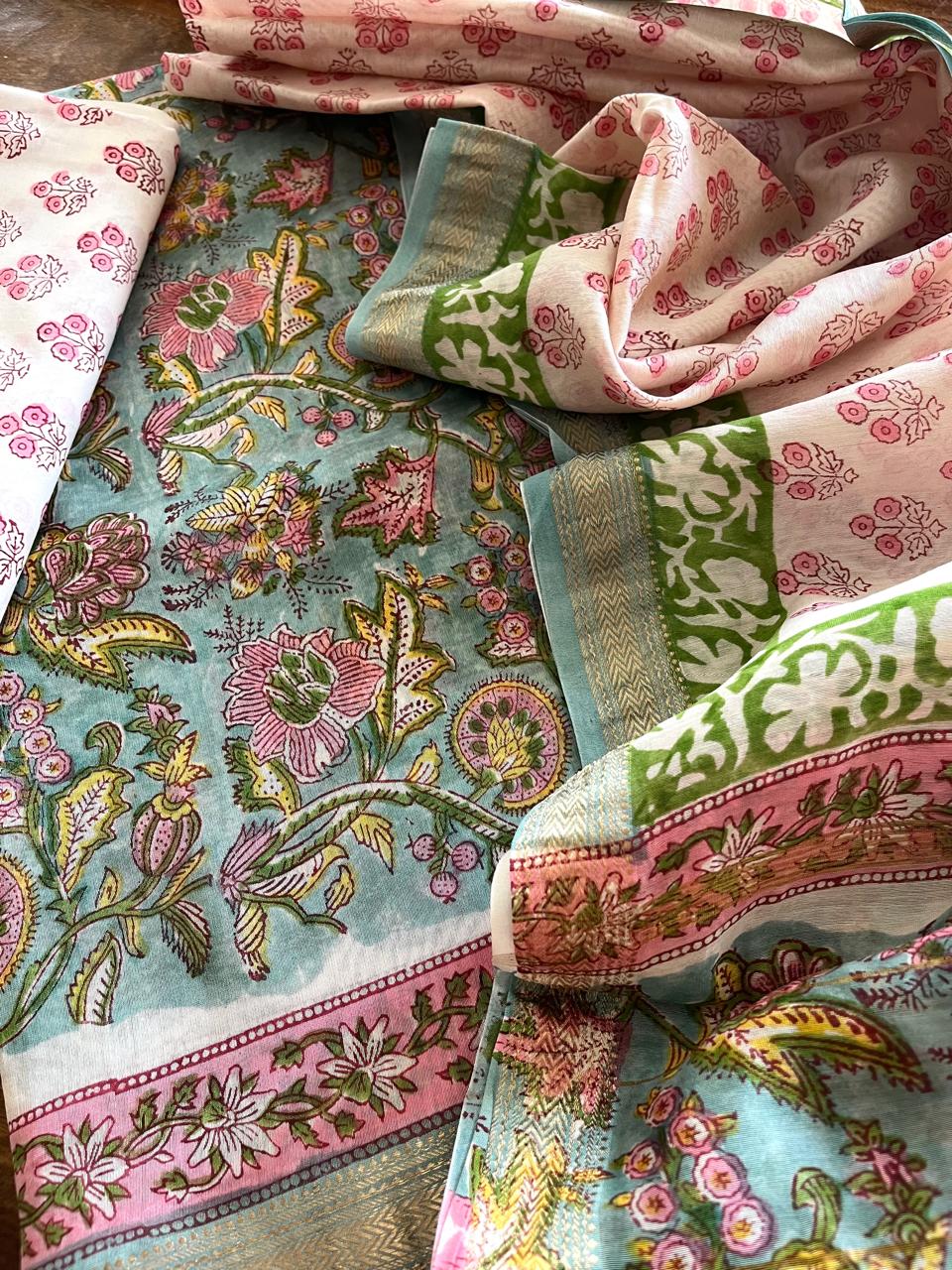 Maheshwari Handblock Printed 3 piece Suit - Sea Green with Pink