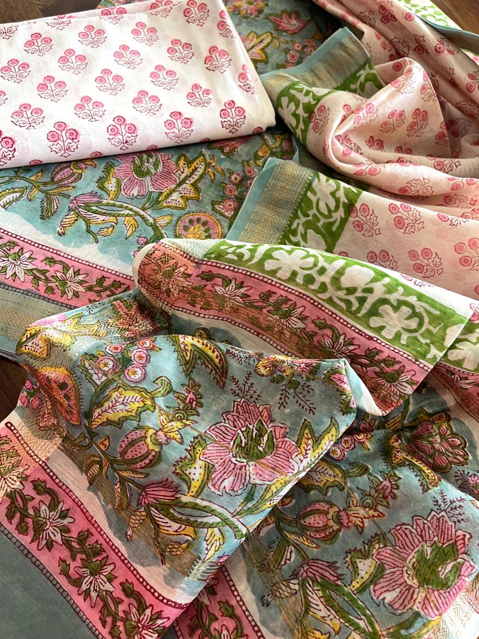 Maheshwari Handblock Printed 3 piece Suit - Sea Green with Pink