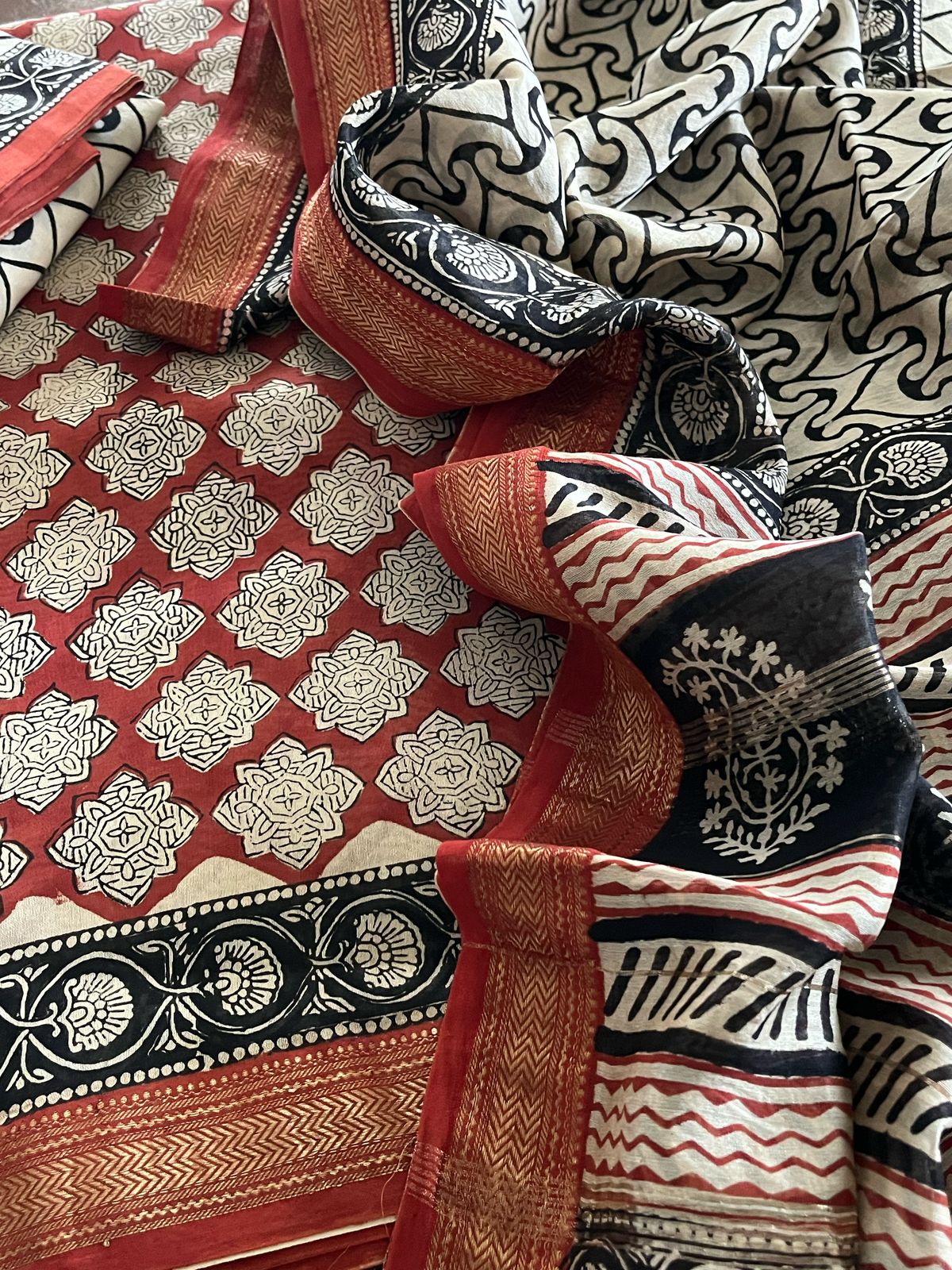 Maheshwari Handblock Printed 3 piece Suit - Maroon with Black