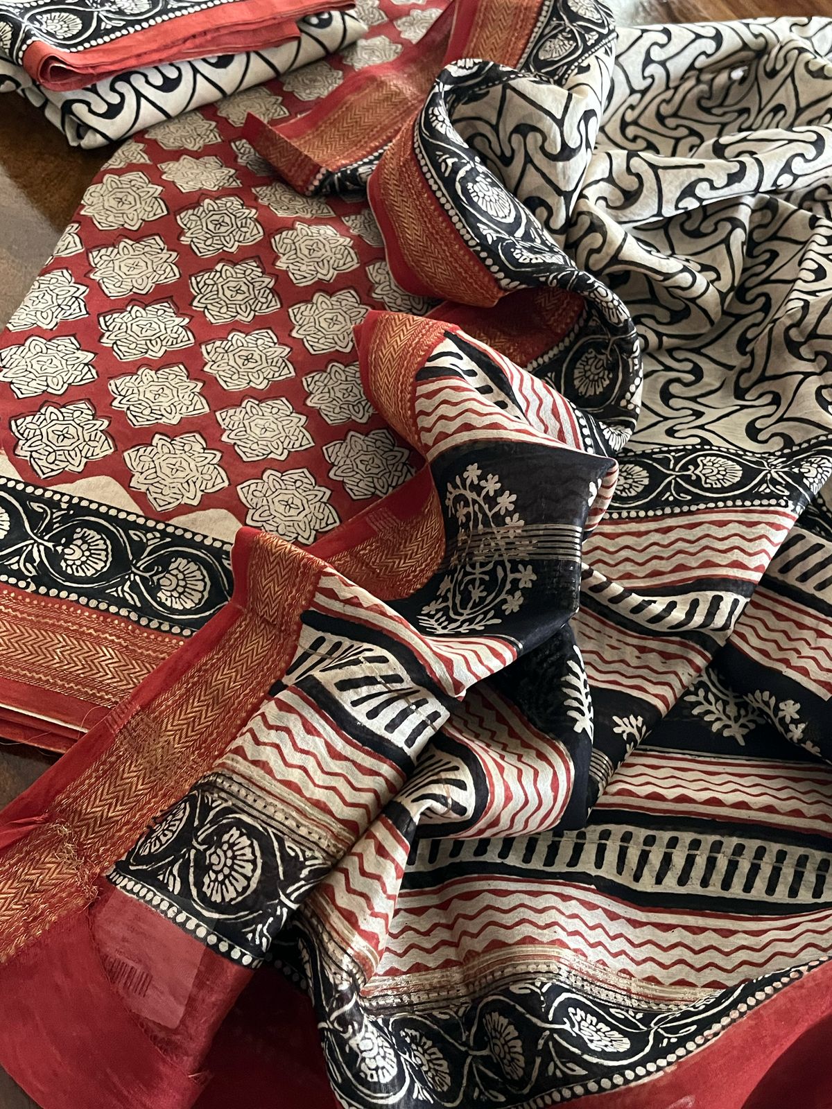 Maheshwari Handblock Printed 3 piece Suit - Maroon with Black