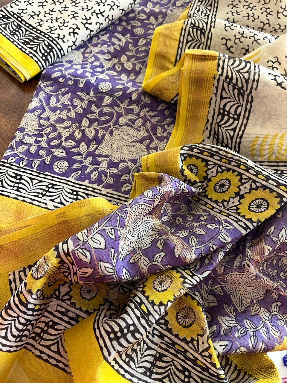 Maheshwari Handblock Printed 3 piece Suit - Purple with Yellow