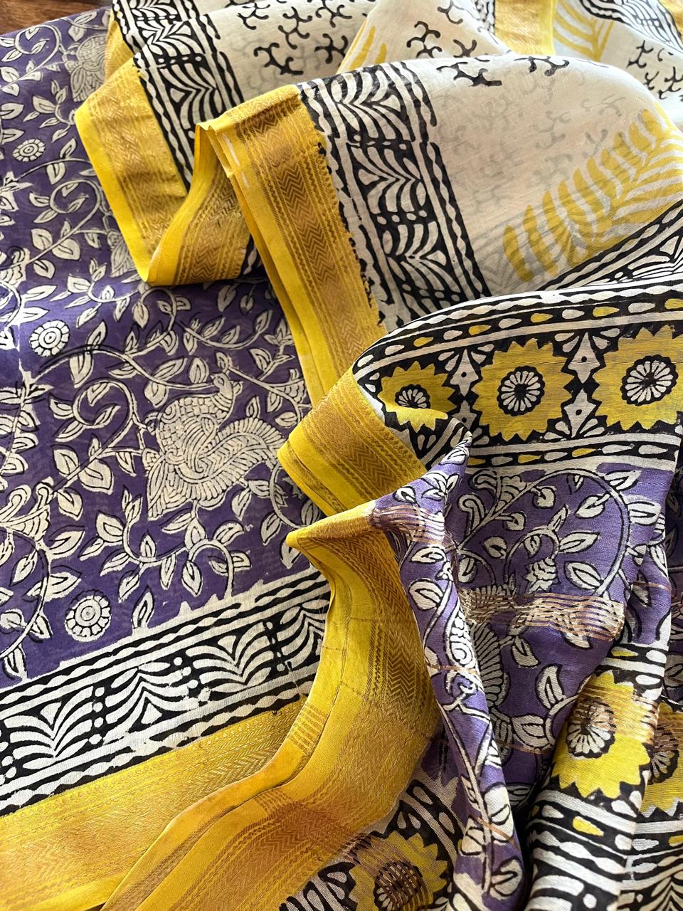 Maheshwari Handblock Printed 3 piece Suit - Purple with Yellow