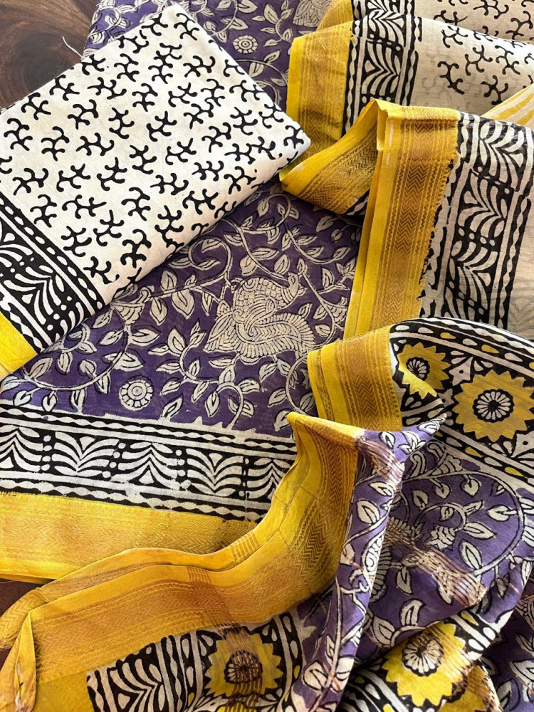 Image of Maheshwari Handblock Printed 3 piece Suit - Purple with Yellow