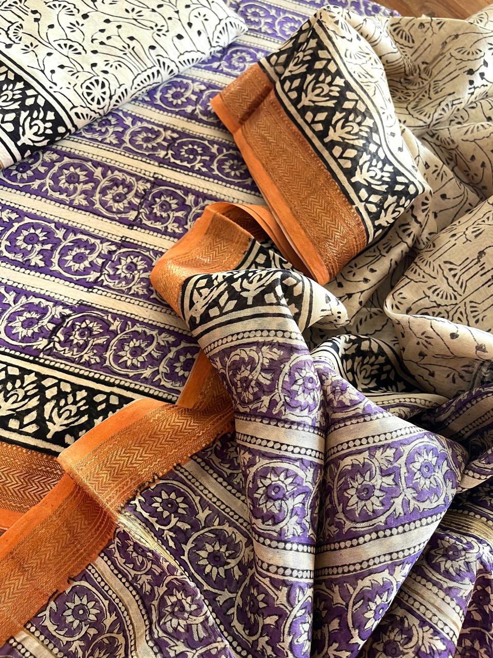 Maheshwari Handblock Printed 3 piece Suit - Purple with Orange