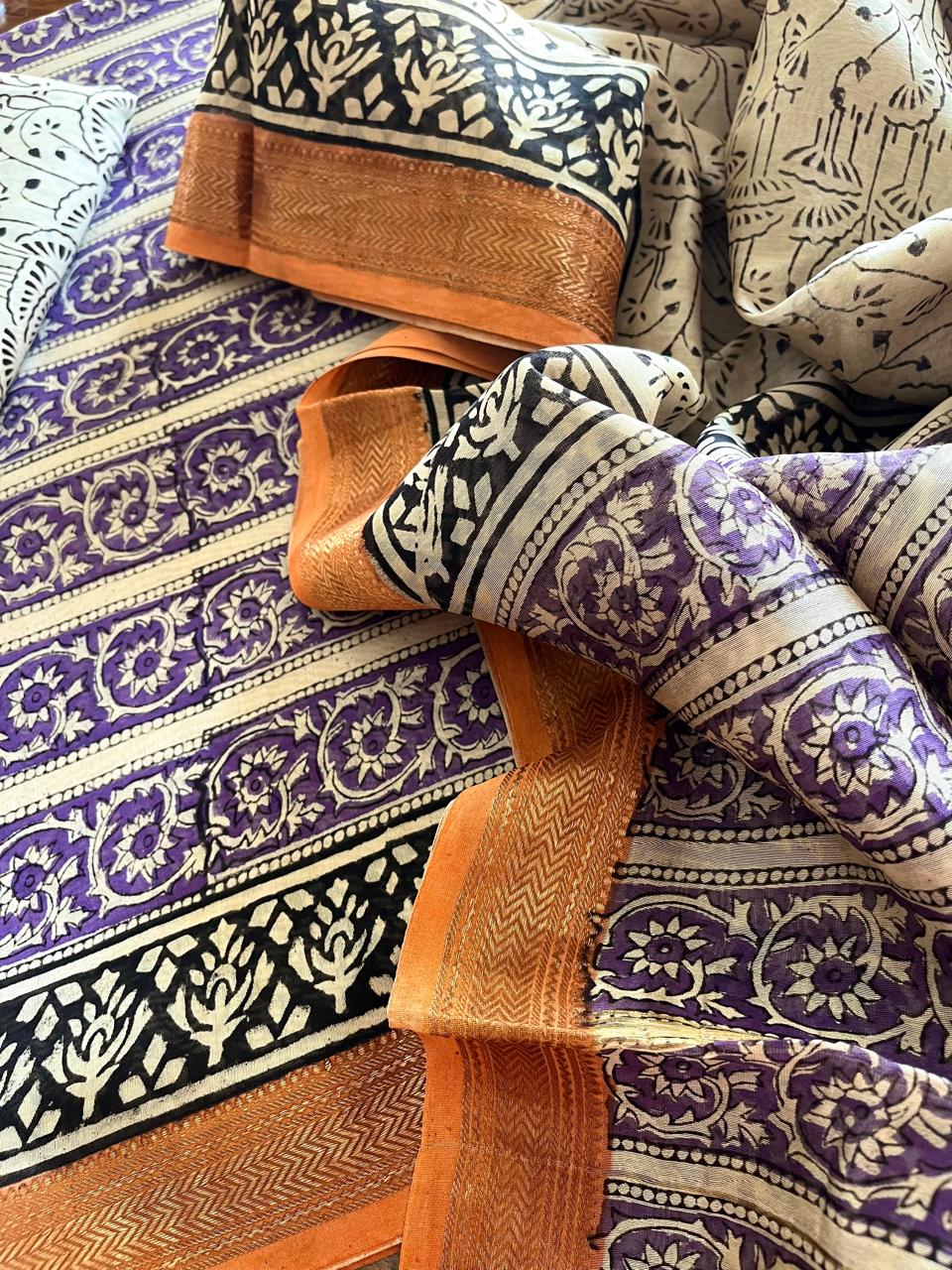 Maheshwari Handblock Printed 3 piece Suit - Purple with Orange