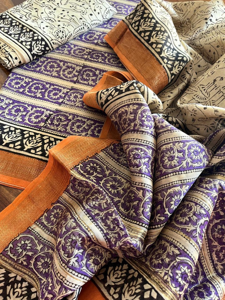 Image of Maheshwari Handblock Printed 3 piece Suit - Purple with Orange