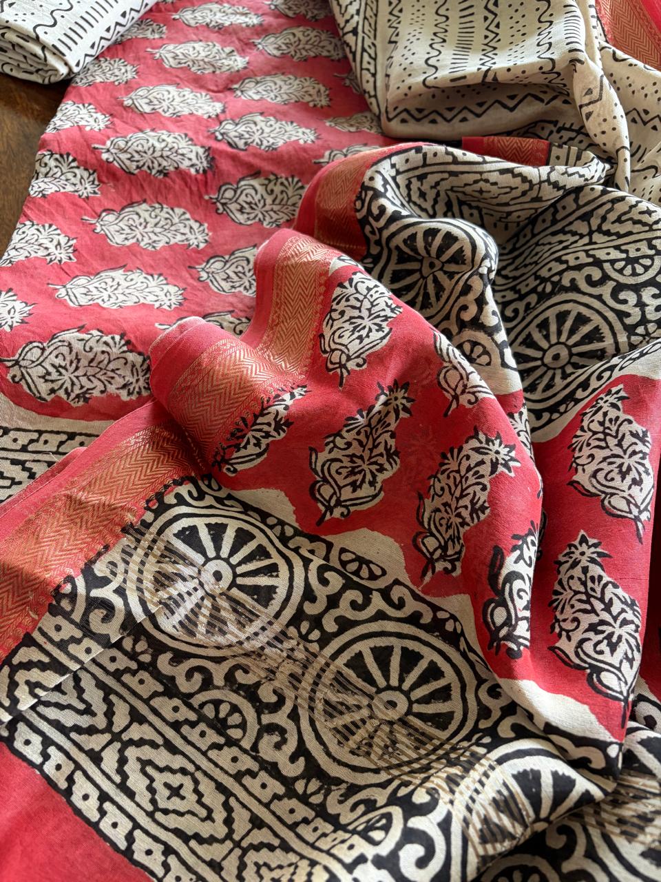 Maheshwari Handblock Printed 3 piece Suit - Red with Black