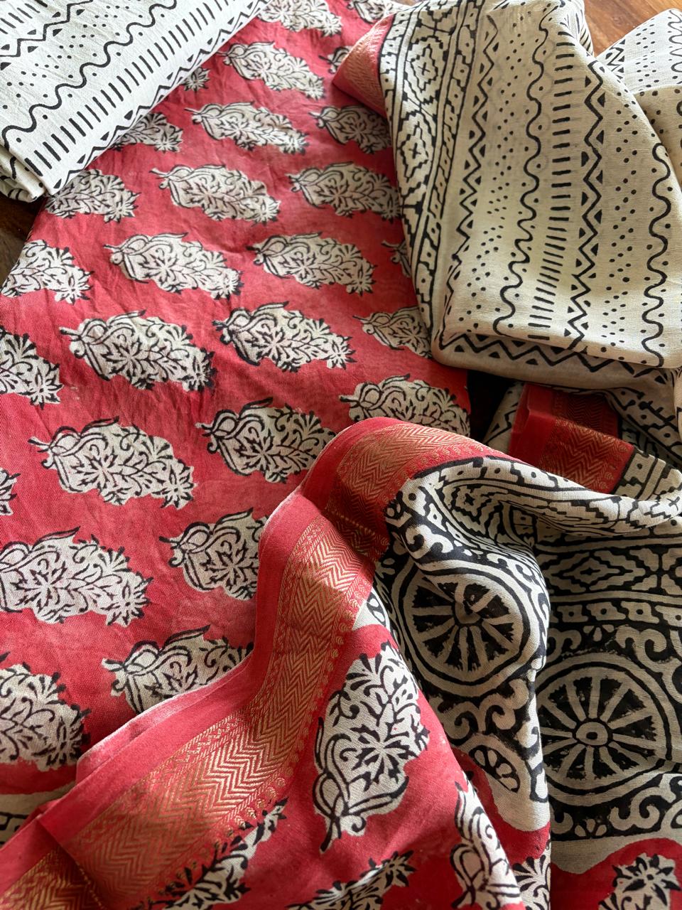 Maheshwari Handblock Printed 3 piece Suit - Red with Black