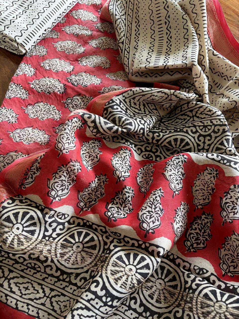 Maheshwari Handblock Printed 3 piece Suit - Red with Black