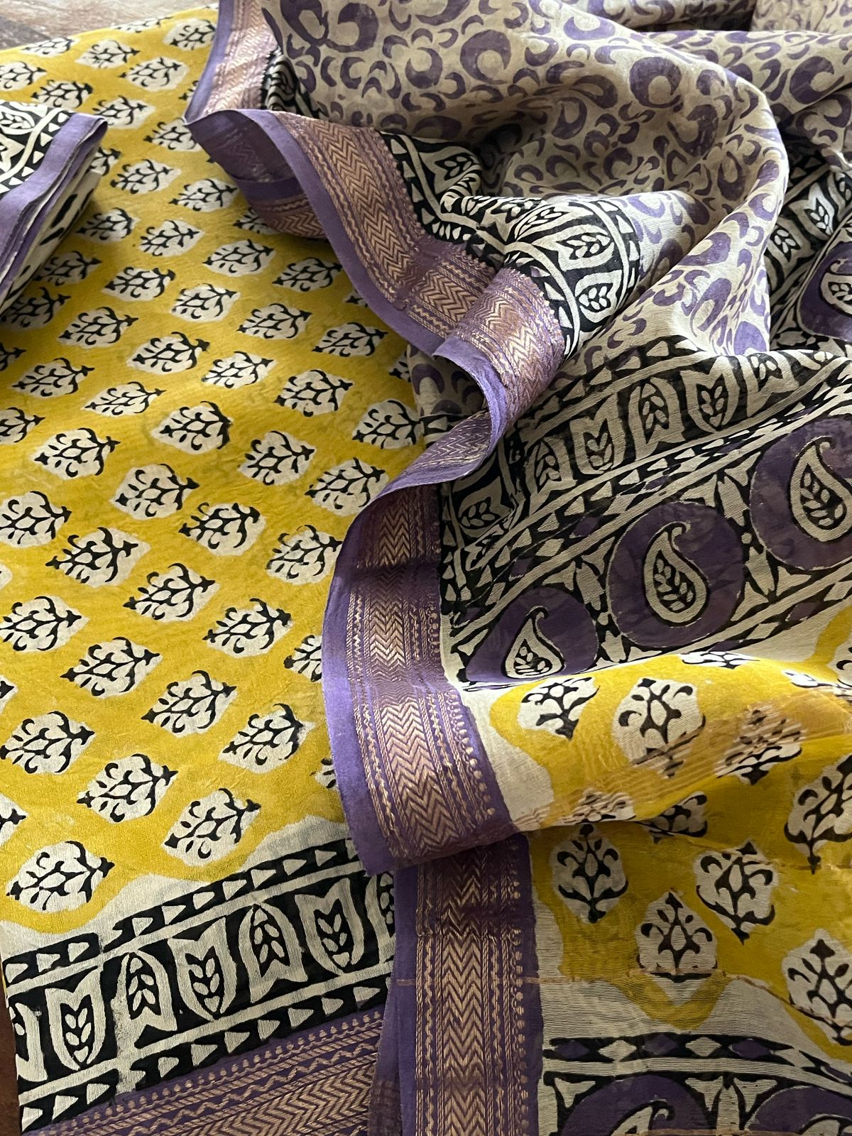 Maheshwari Handblock Printed 3 piece Suit - Yellow with Purple