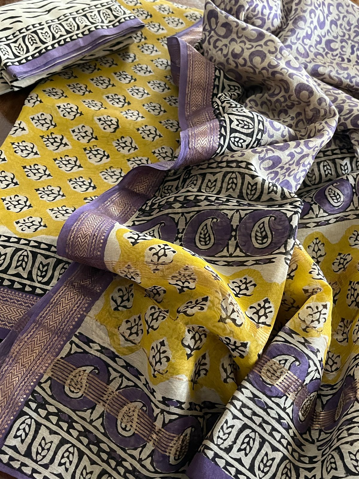 Maheshwari Handblock Printed 3 piece Suit - Yellow with Purple