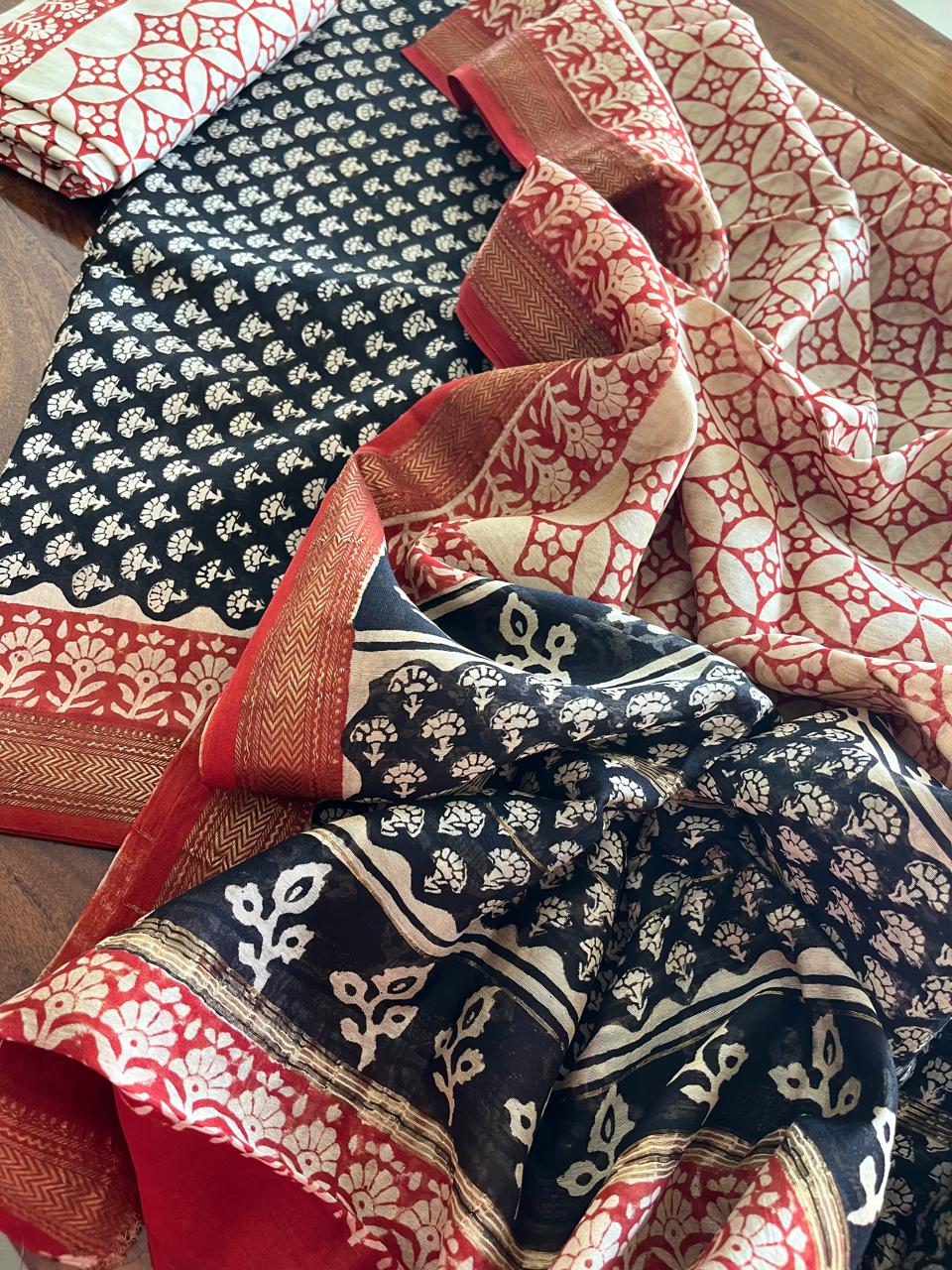 Maheshwari Handblock Printed 3 piece Suit -Black with Red