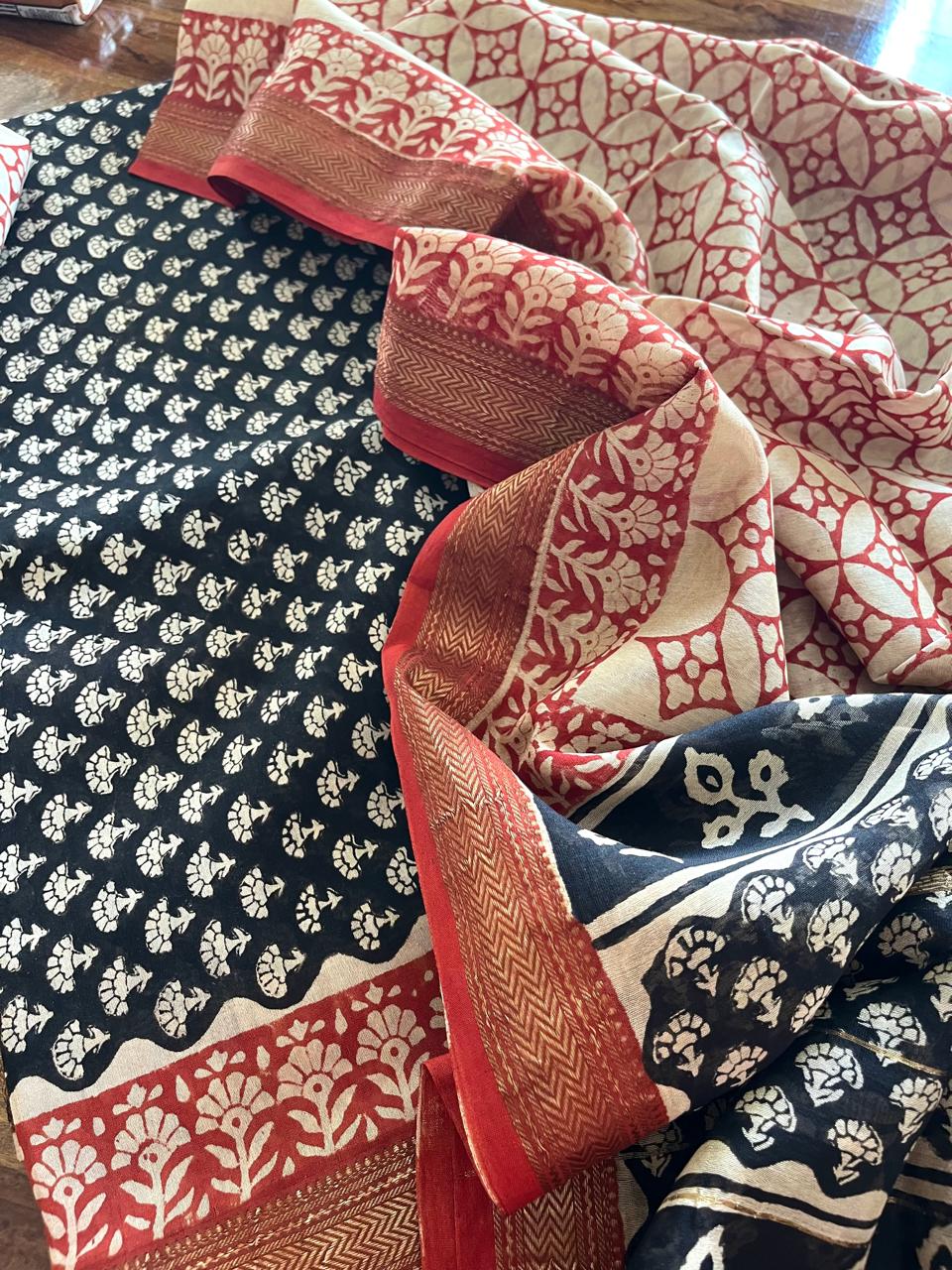 Maheshwari Handblock Printed 3 piece Suit -Black with Red