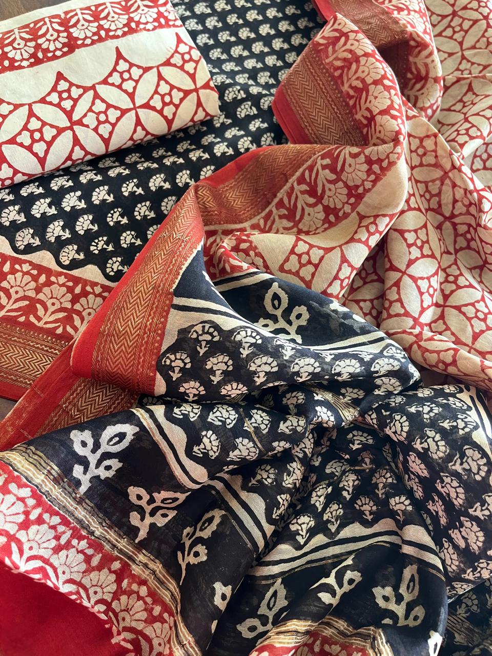 Maheshwari Handblock Printed 3 piece Suit -Black with Red