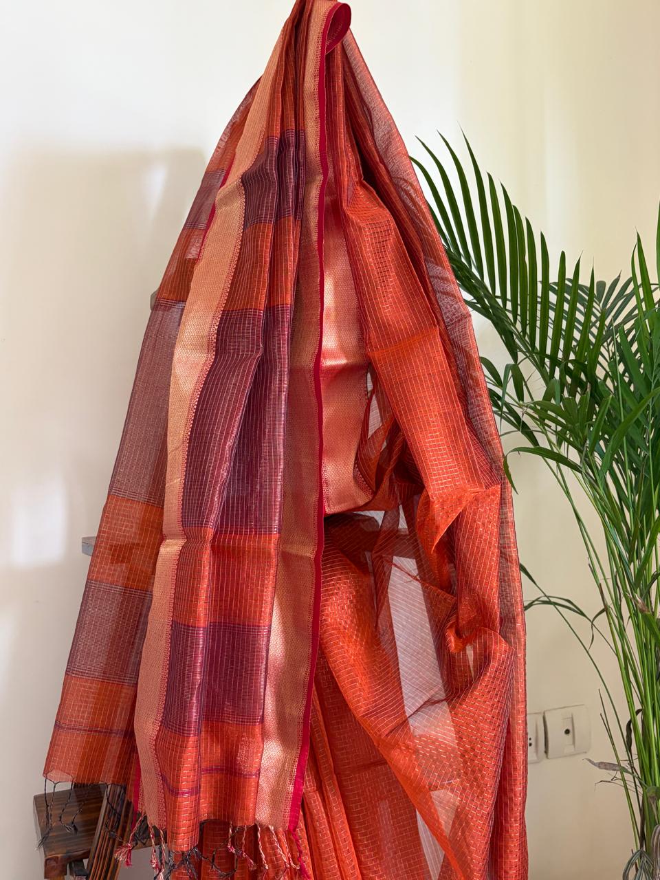 Rust Orange  Rani Pink Maheshwari Handloom Saree
