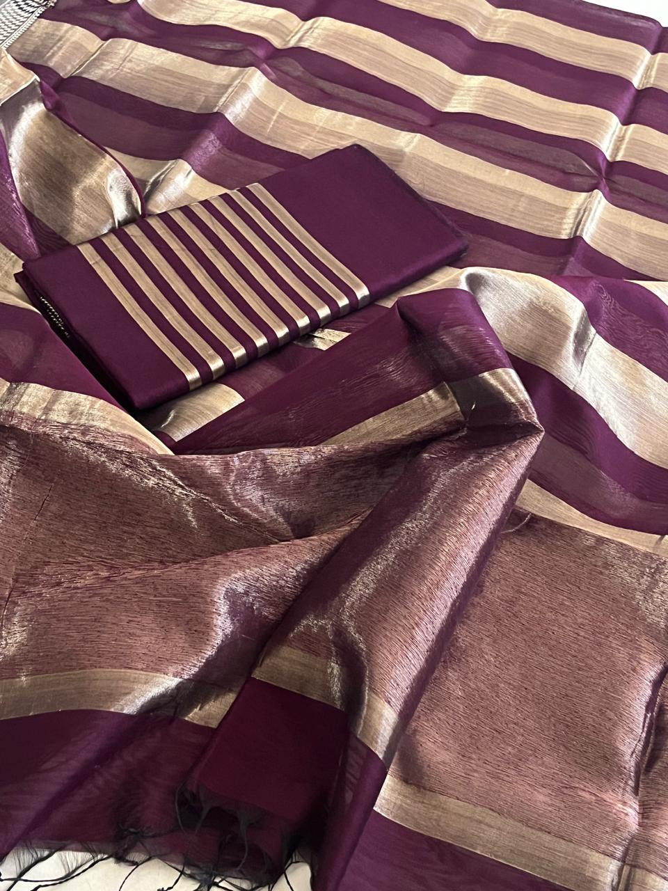 Stunning Maheshwari Silk Cotton Handwoven Kurta Dupatta Set With Zari Stripes - Deep Purple