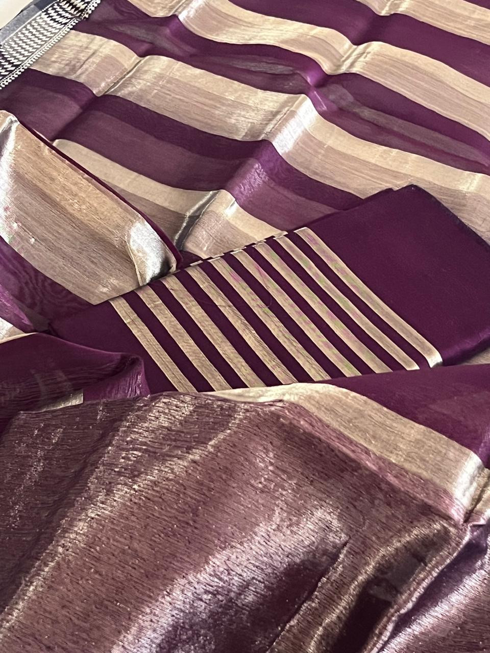 Stunning Maheshwari Silk Cotton Handwoven Kurta Dupatta Set With Zari Stripes - Deep Purple