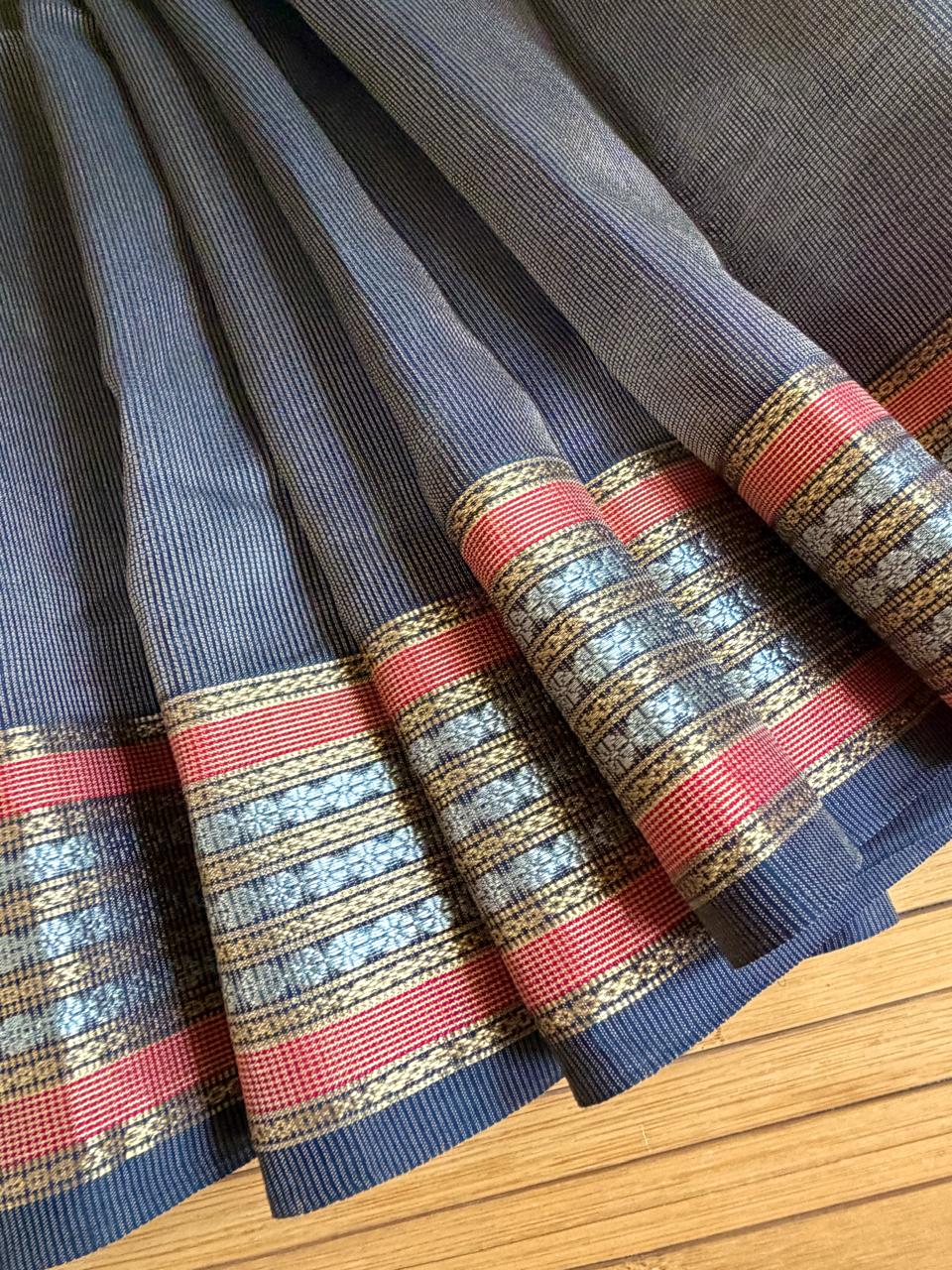 Pure Handwoven Maheshwari Saree - Charcoal Black with Copper Orange  Gold Accents  Authentic Artisan Woven