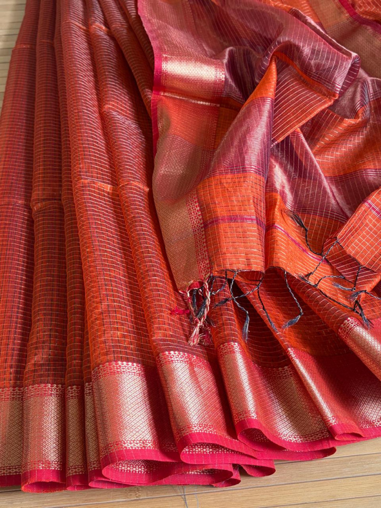 Image of Rust Orange &amp; Rani Pink Maheshwari Handloom Saree