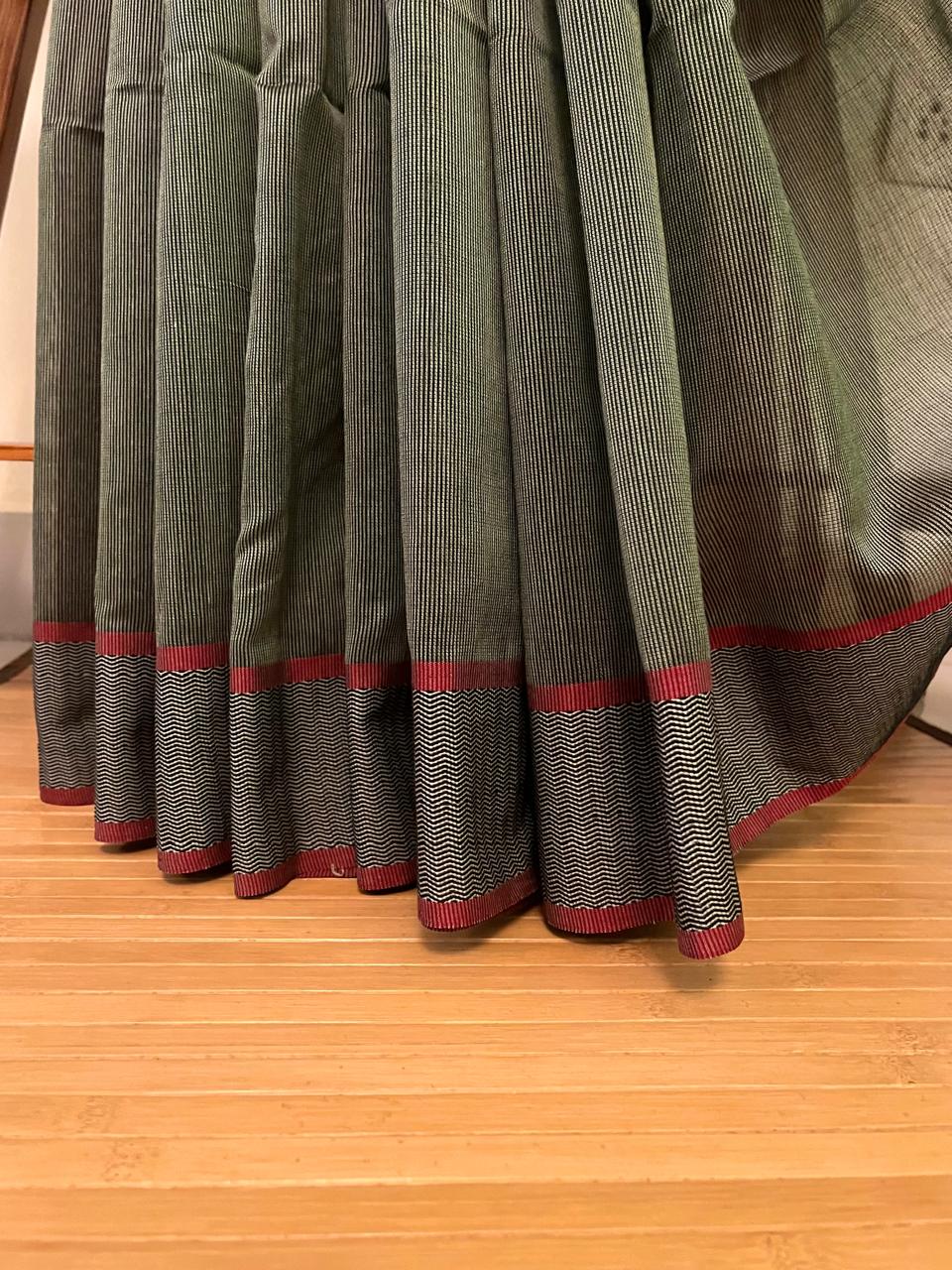 Rehwa-style Maheshwari Handloom Saree - Sage Moss Dark