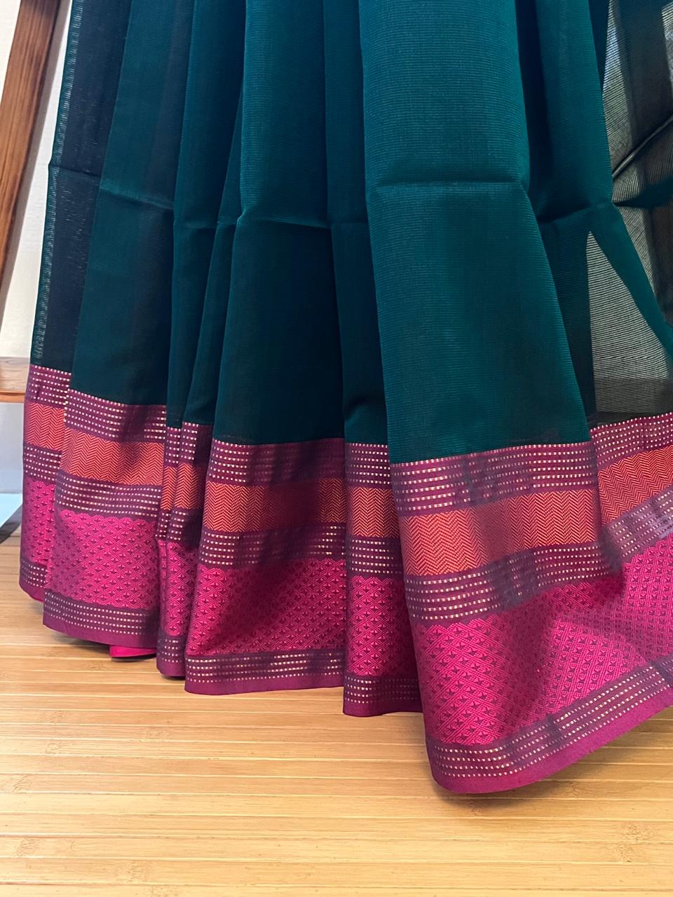 Ganga-Jamuna Border Style Maheshwari Handloom Saree - Bottle Green