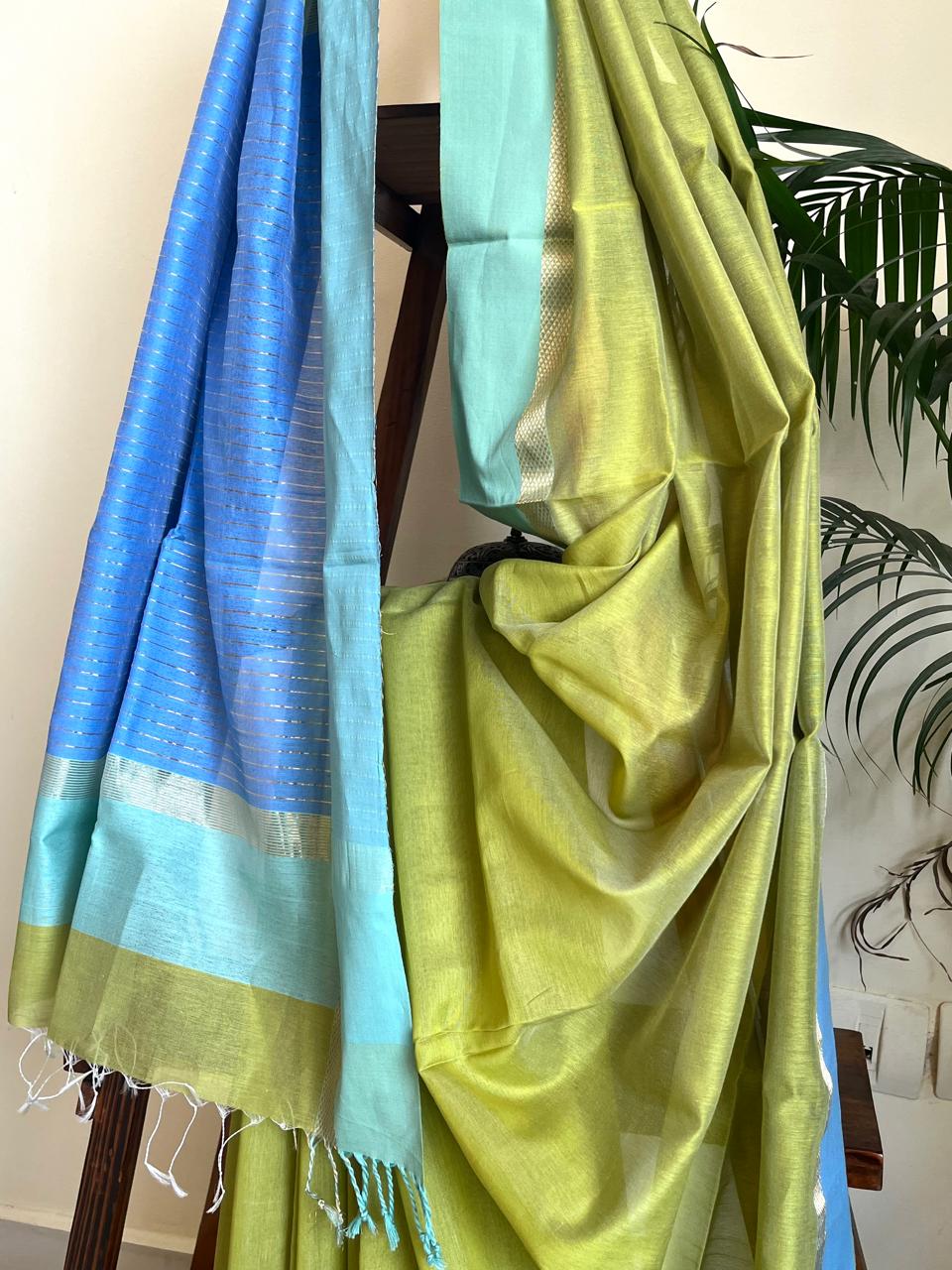 Beautiful Handloom Maheshwari Saree - Mehendi Green Blue