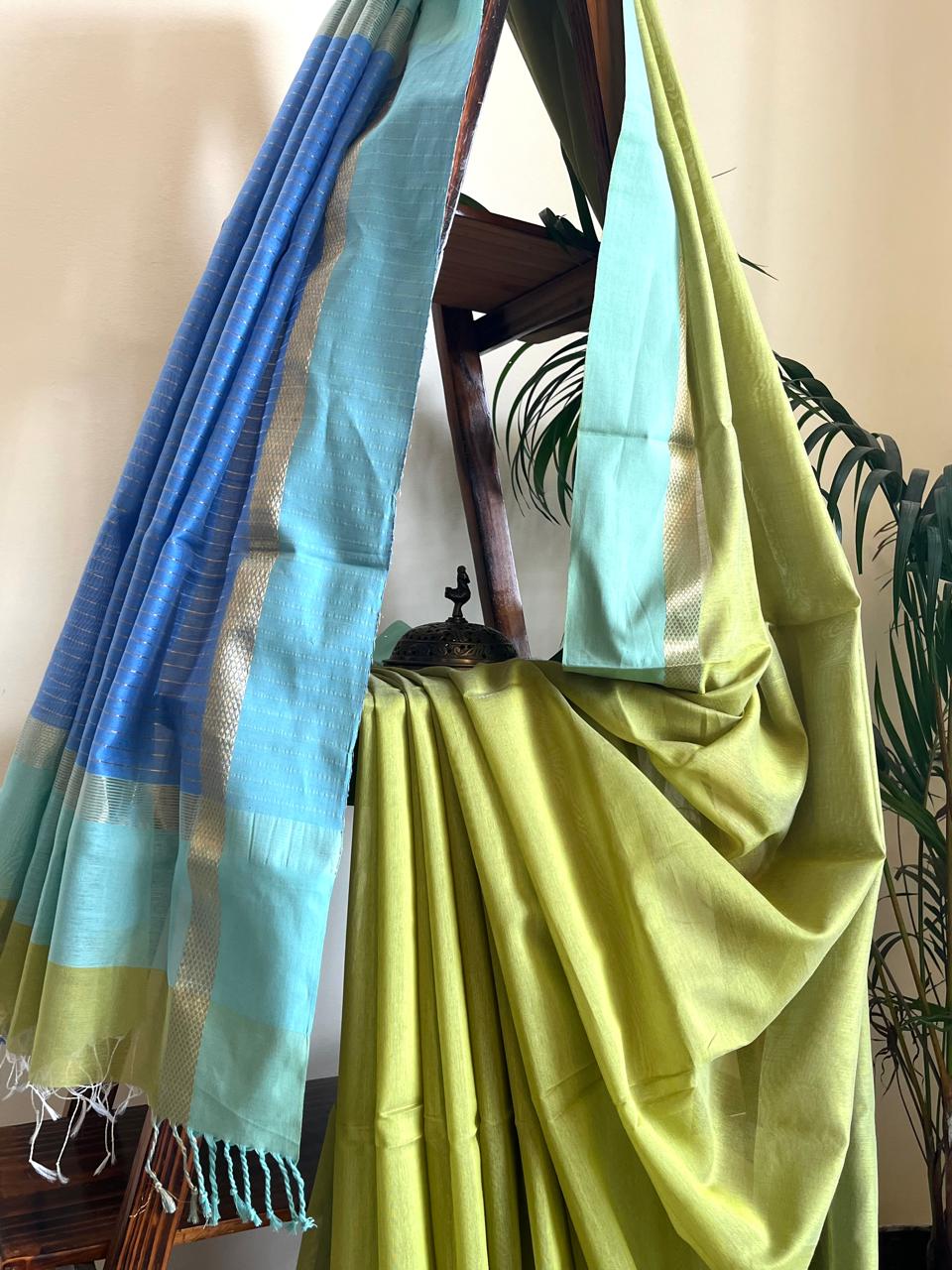 Beautiful Handloom Maheshwari Saree - Mehendi Green Blue