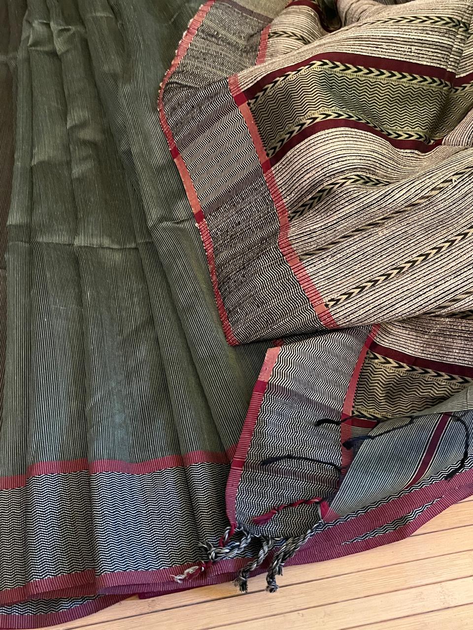 Rehwa-style Maheshwari Handloom Saree - Sage Moss Dark