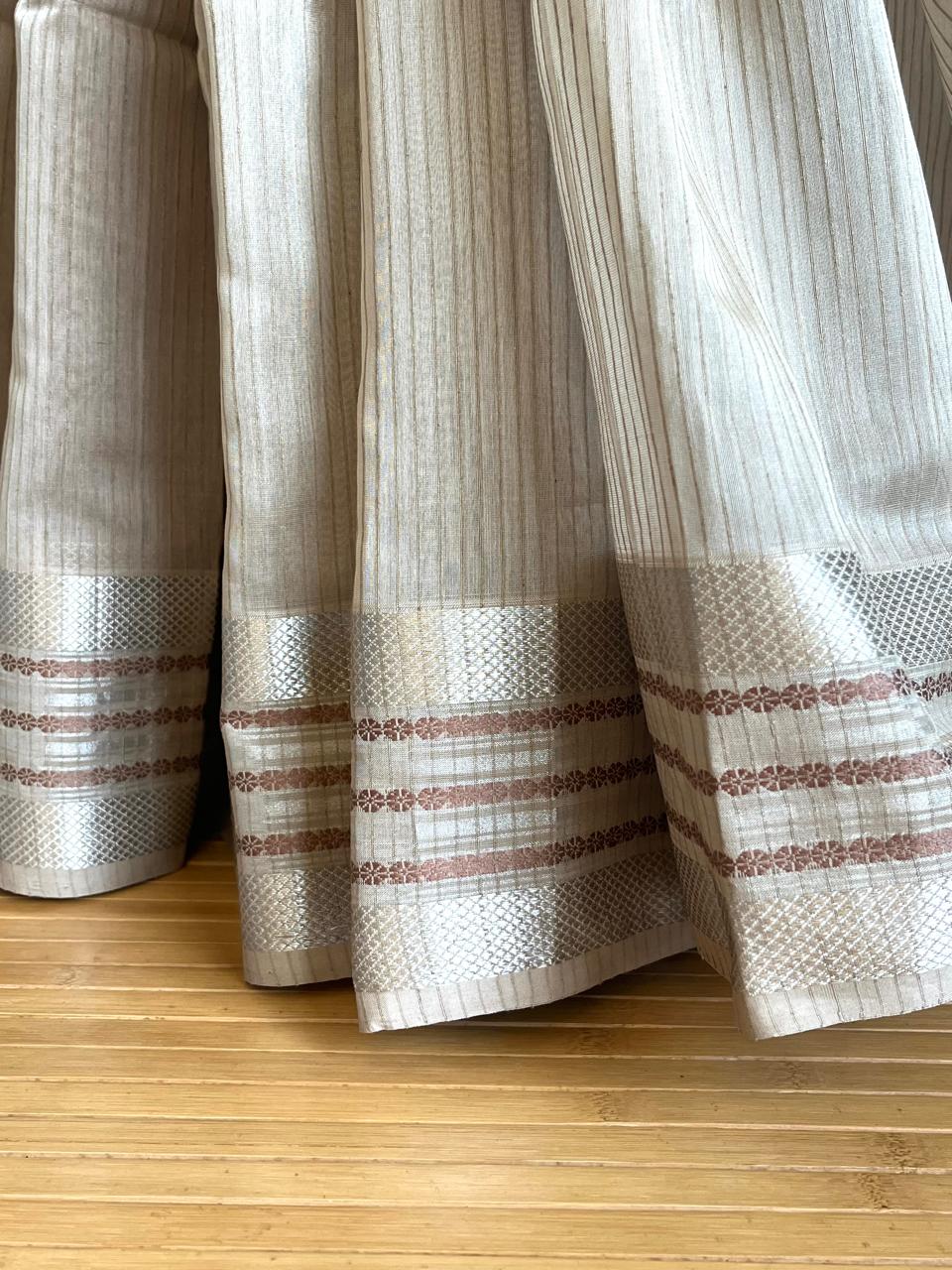 Handwoven Border Maheshwari Saree with Silver zari and Phool Motifs - Light Beige