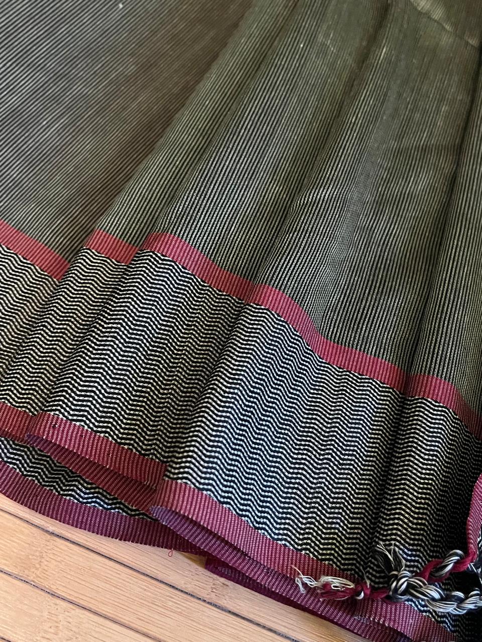 Rehwa-style Maheshwari Handloom Saree - Sage Moss Dark