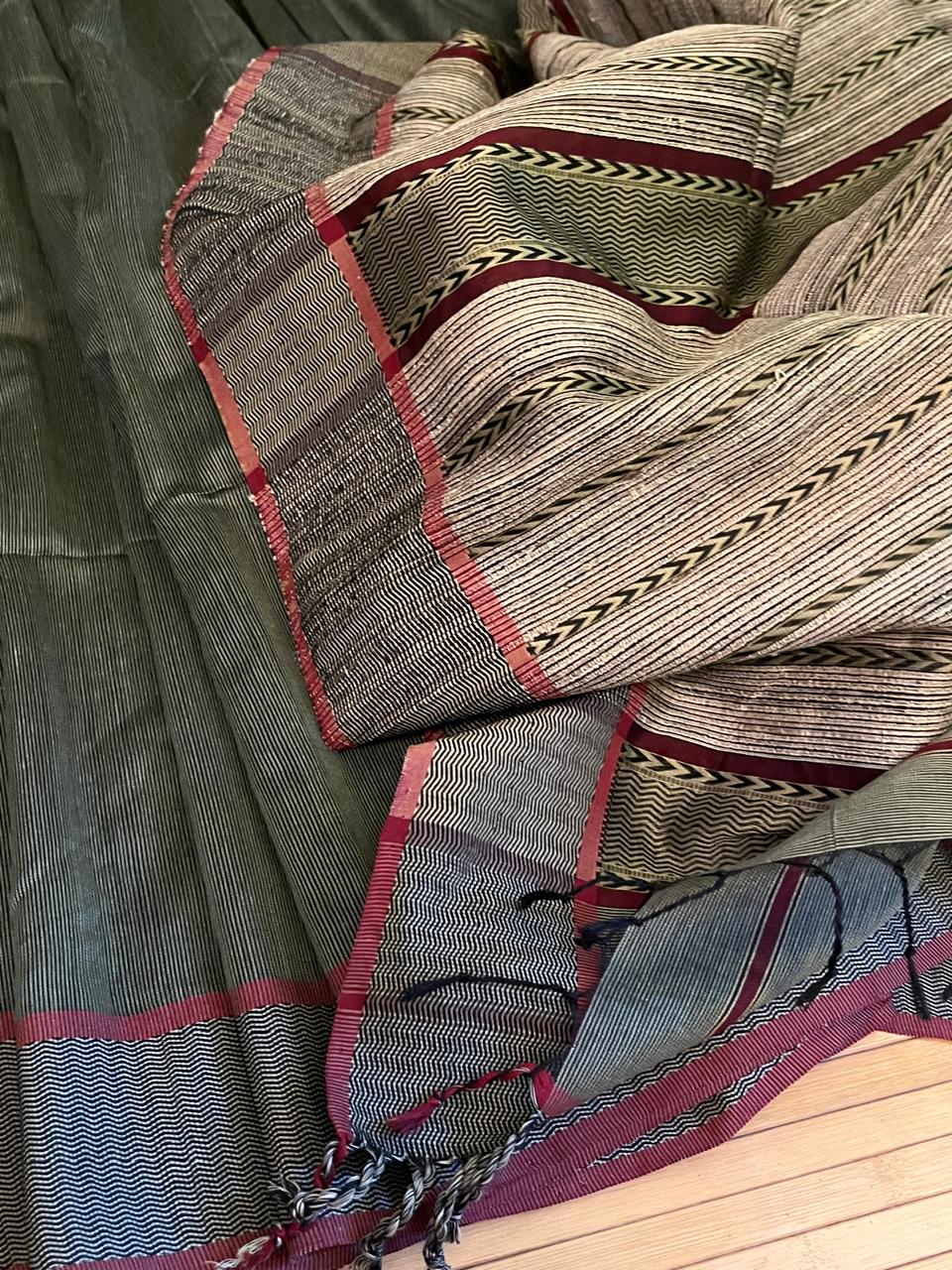 Rehwa-style Maheshwari Handloom Saree - Sage Moss Dark