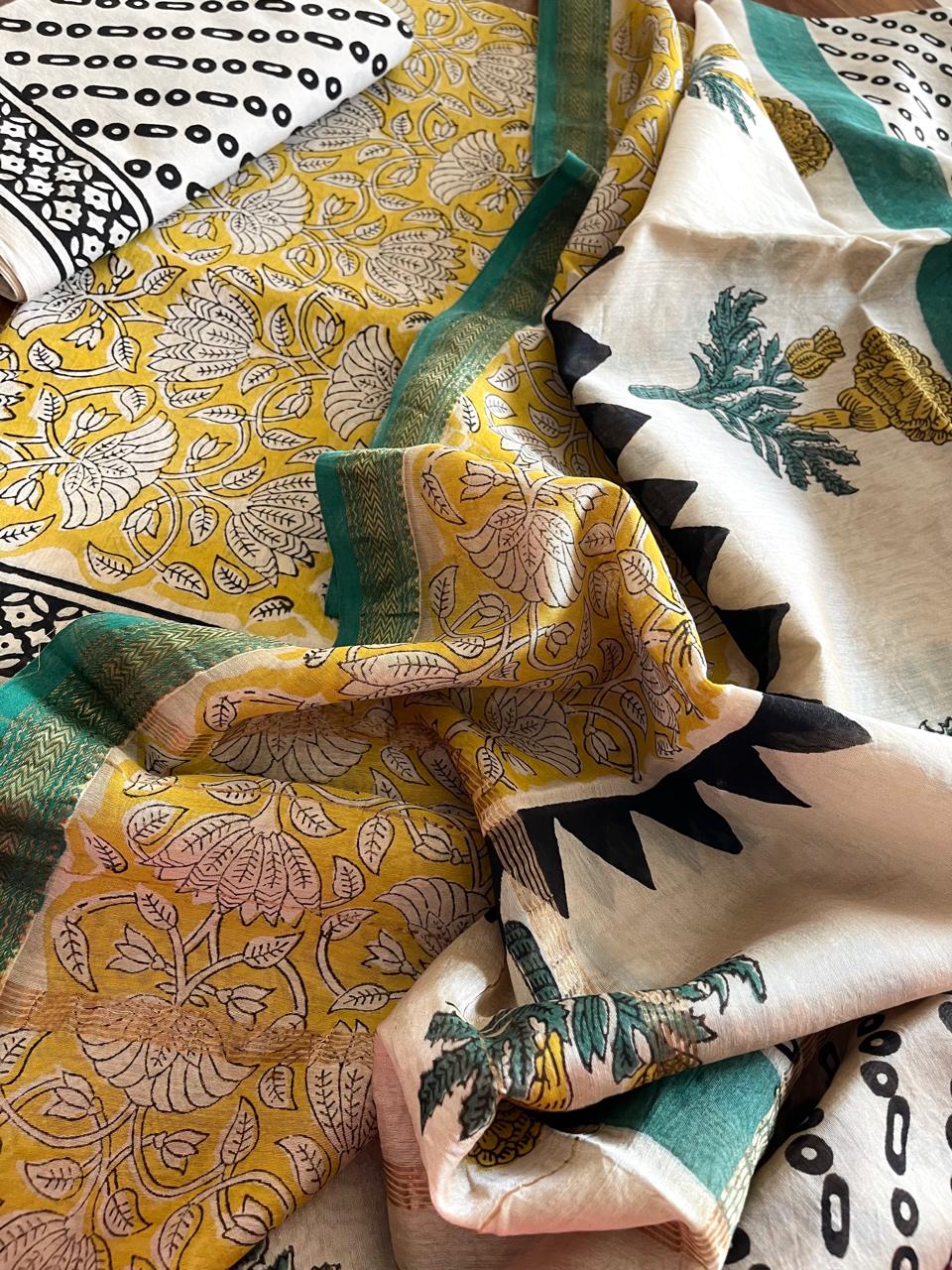 Maheshwari Suit Handblock Printed 3 piece Suit - Yellow with Green