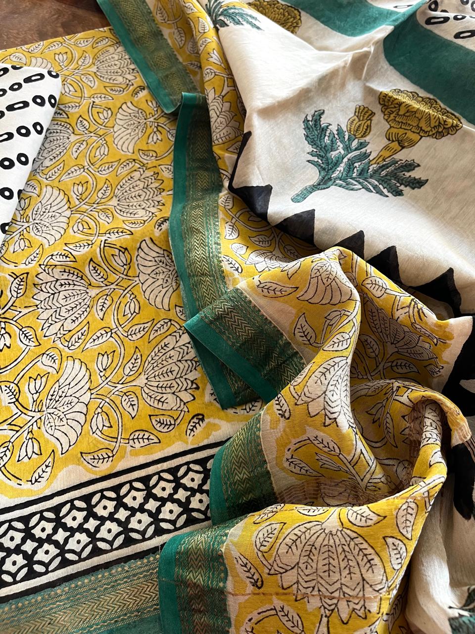 Maheshwari Suit Handblock Printed 3 piece Suit - Yellow with Green