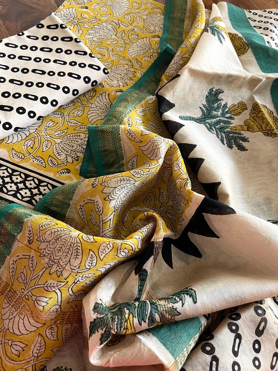 Maheshwari Suit Handblock Printed 3 piece Suit - Yellow with Green