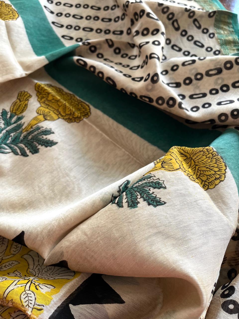 Maheshwari Suit Handblock Printed 3 piece Suit - Yellow with Green