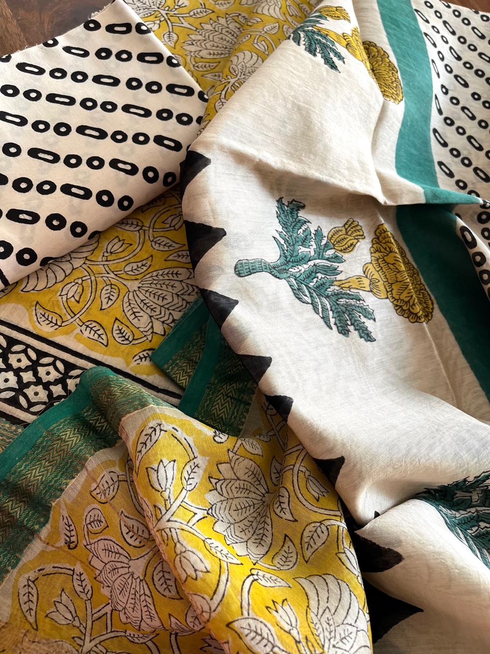 Maheshwari Suit Handblock Printed 3 piece Suit - Yellow with Green