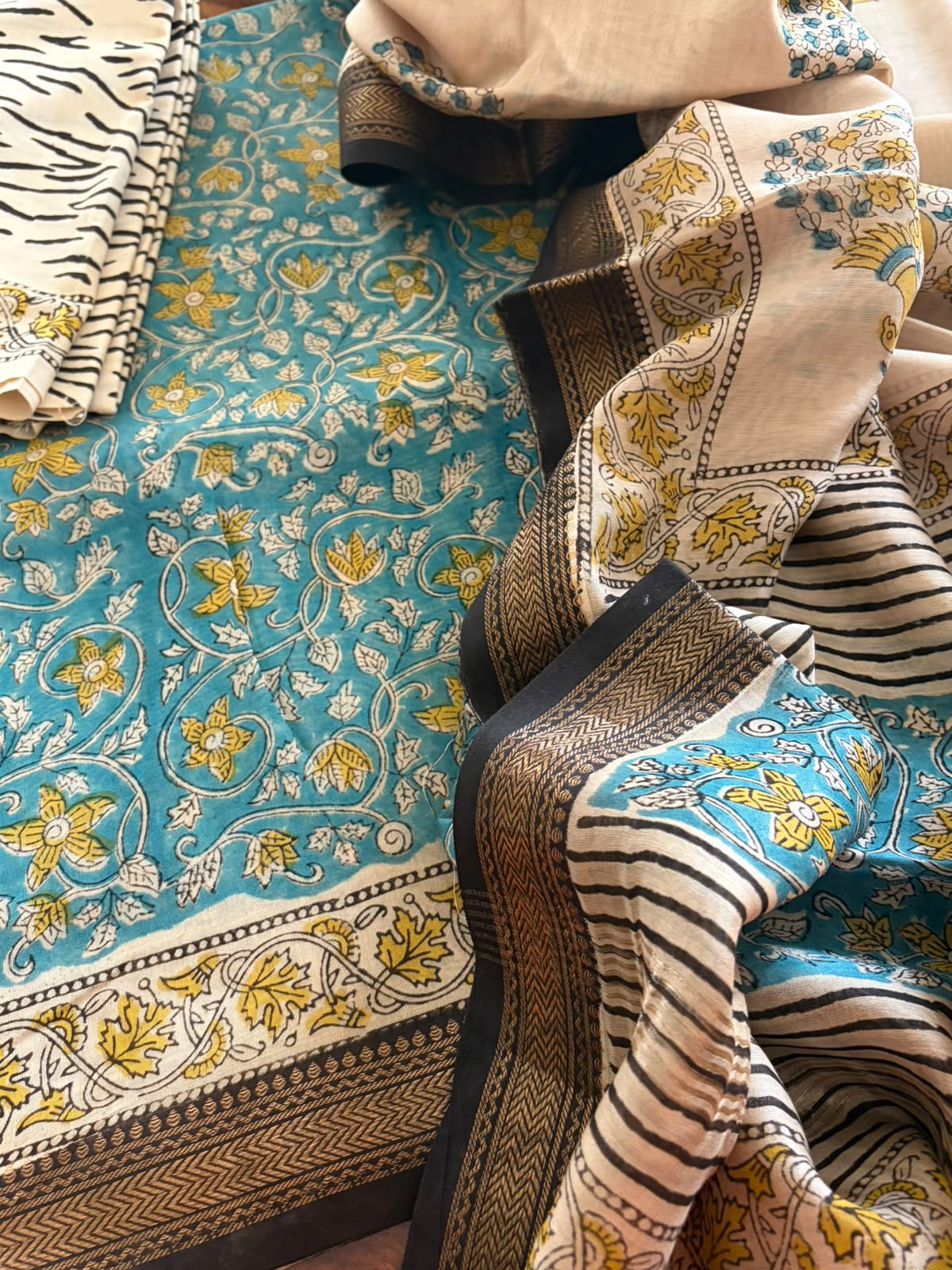 Maheshwari Handblock Printed 3 piece Suit - Sky Blue with Yellow