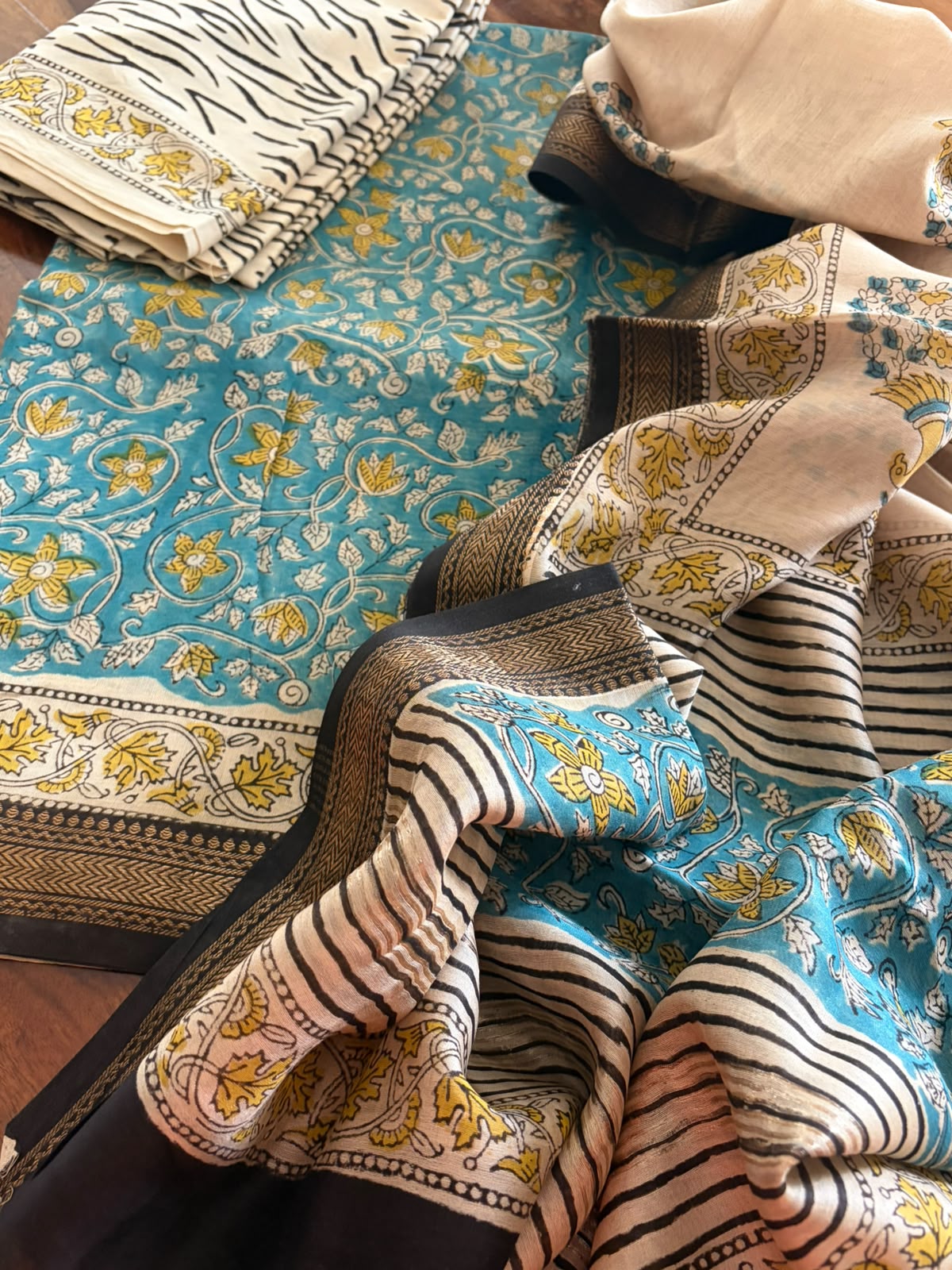 Maheshwari Handblock Printed 3 piece Suit - Sky Blue with Yellow