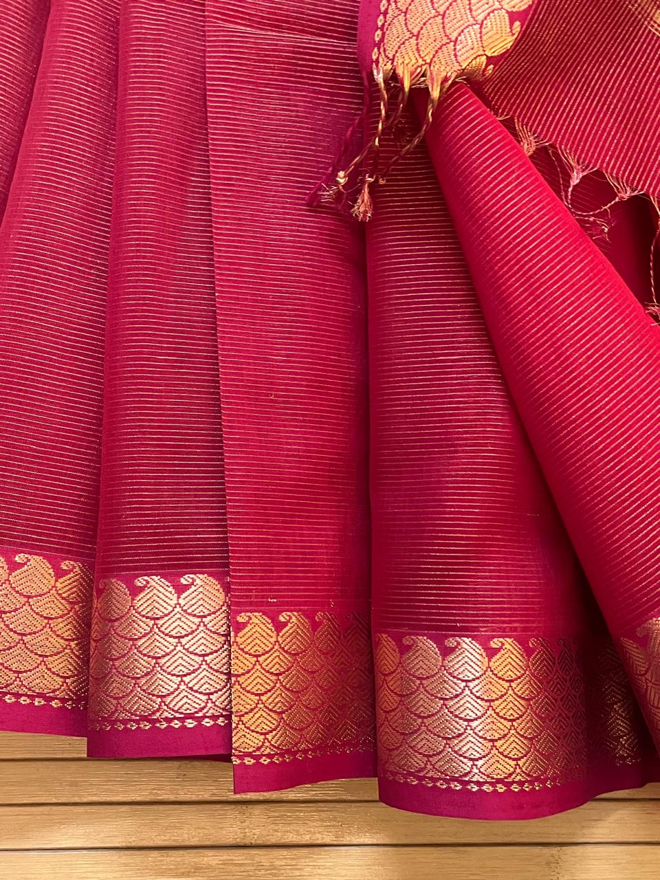 Traditional Maheshwari Handloom Saree in Kairi Border in Zari Weave - Rose Red